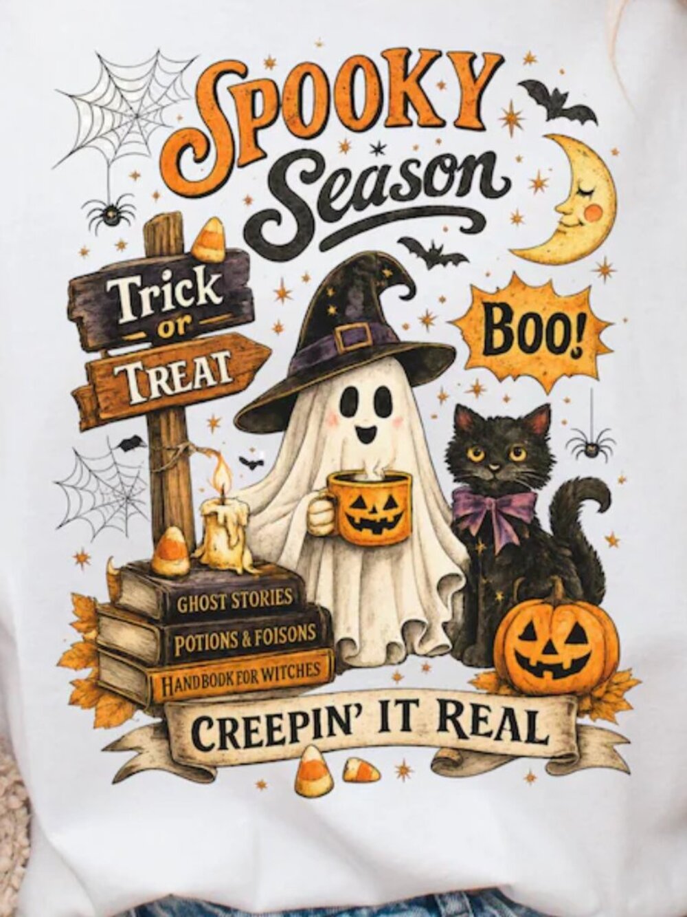 Spooky Season Shirt, Creepin It Real Ghost Cat Tee, Vintage Halloween Shirt